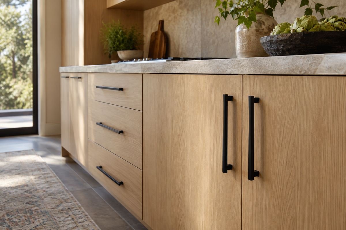 A modern kitchen detail with pale oak slab doors and restrained matte-black straight bar pulls mounted at the operating edges.