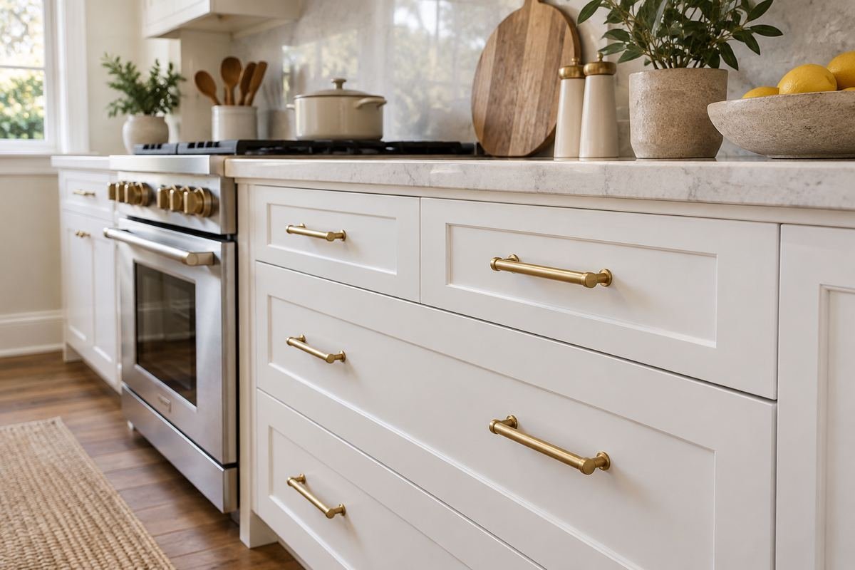 A bright kitchen detail with white Shaker drawers, simple warm brass-tone pulls and pale countertops.