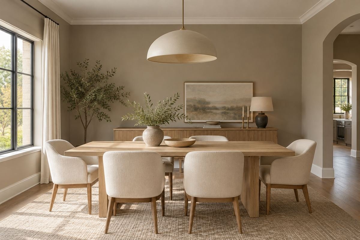 A dining room with soft mushroom walls, pale oak table and cream dining chairs.