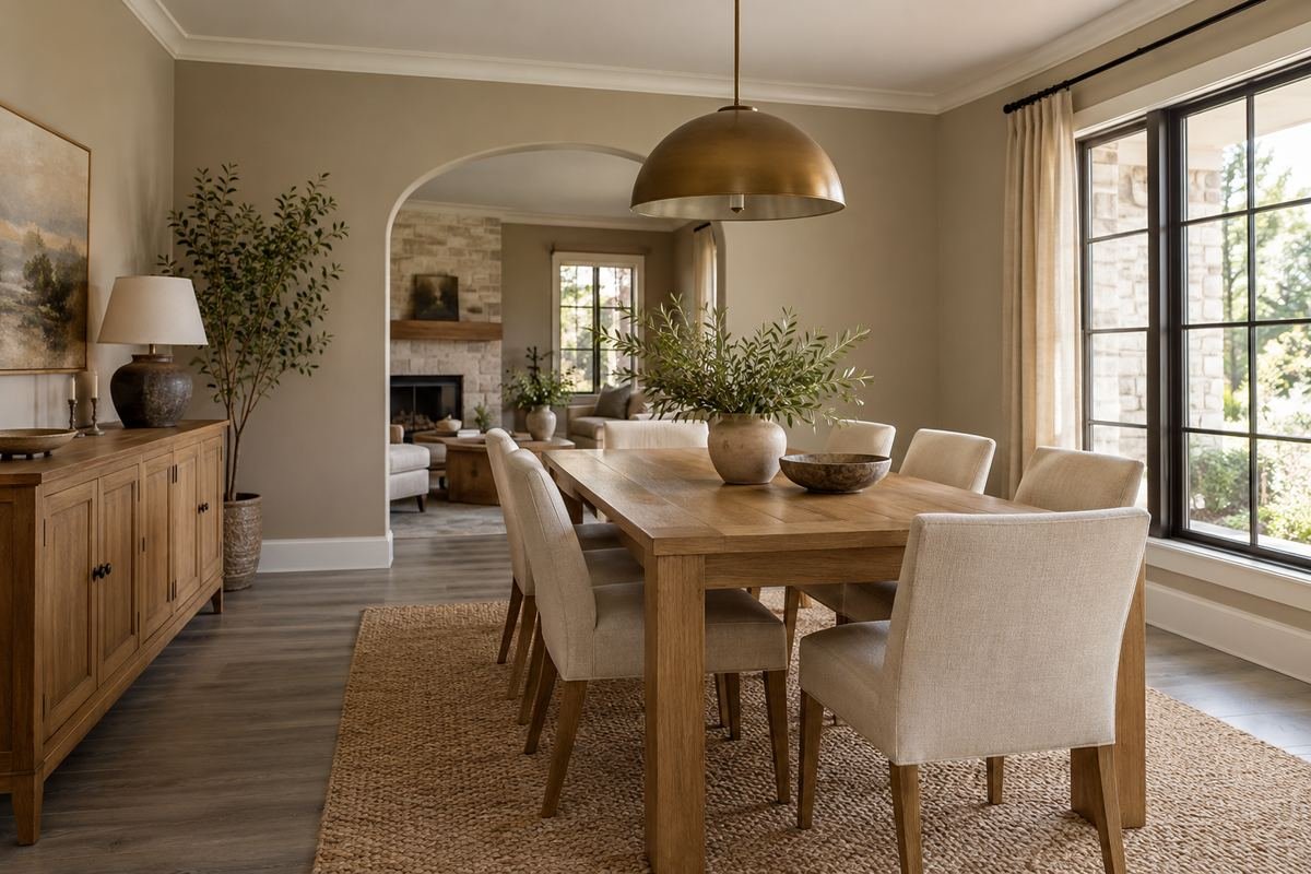 A dining space with restrained greige walls, a gray-toned floor and a warm oak dining table.