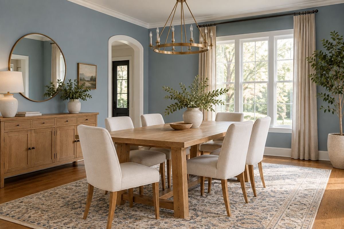 A dining room with dusty blue walls, a natural oak table and simple ivory chairs.