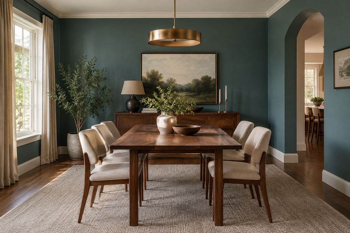 A dining room with muted teal walls, walnut dining furniture and pale oatmeal upholstered seats.
