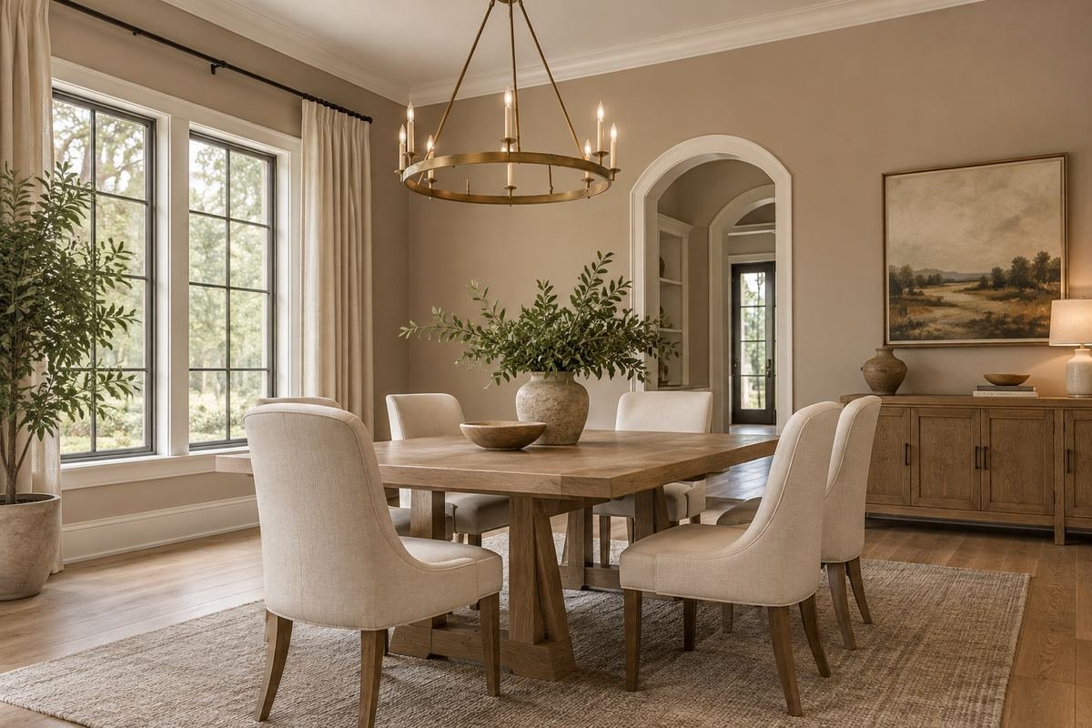 A dining room with pale clay walls, cream upholstered chairs and an oak table.