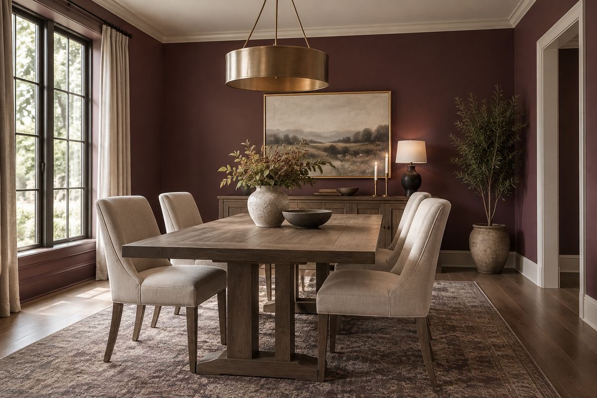 A dining room with muted plum walls, a gray-brown wood table and oatmeal upholstered chairs.