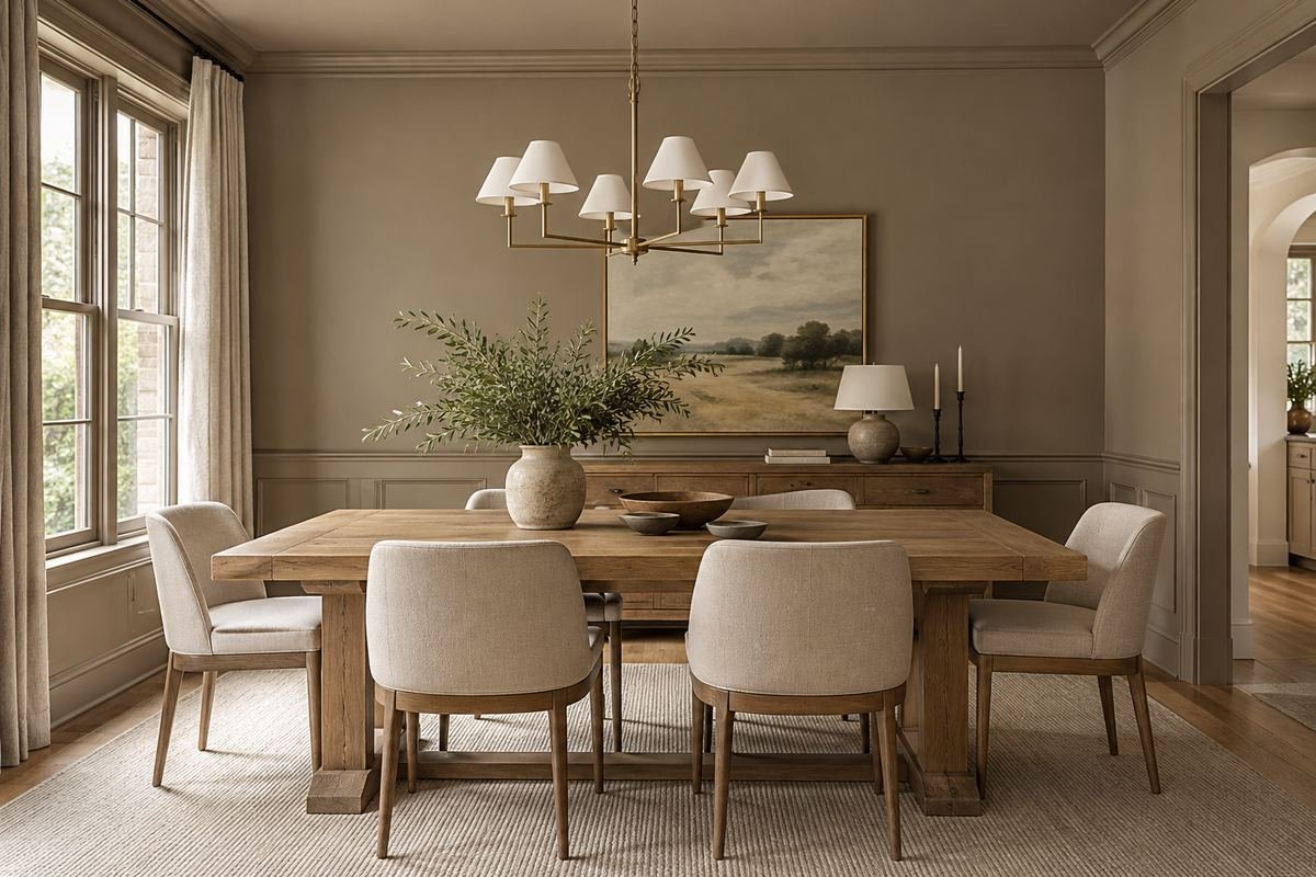 A dining room with walls and detailed trim in a coordinated muted mushroom color, simple oak table and pale chairs.