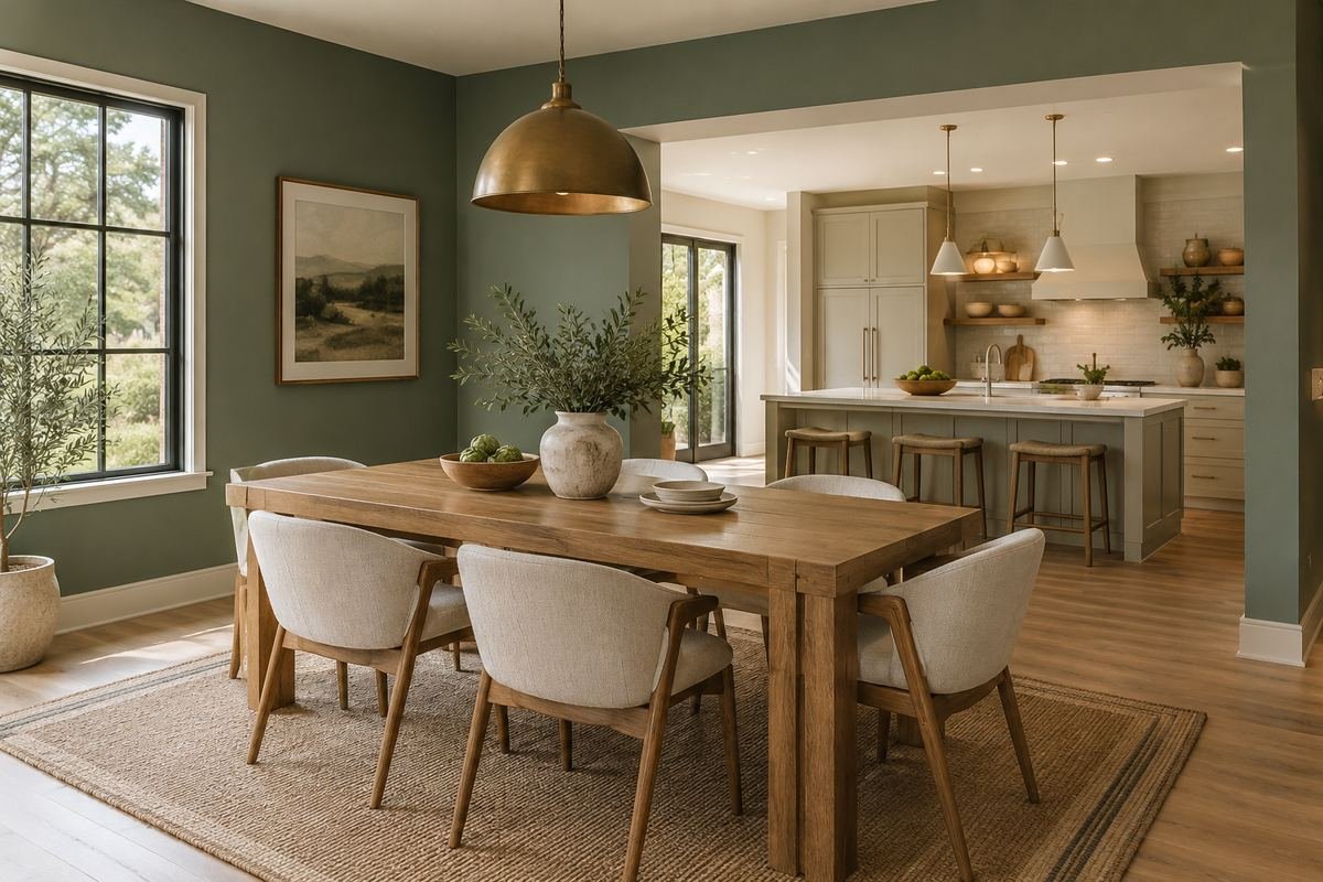 An open-plan dining area with muted green-gray walls, an oak dining table and a related pale kitchen visible beyond.