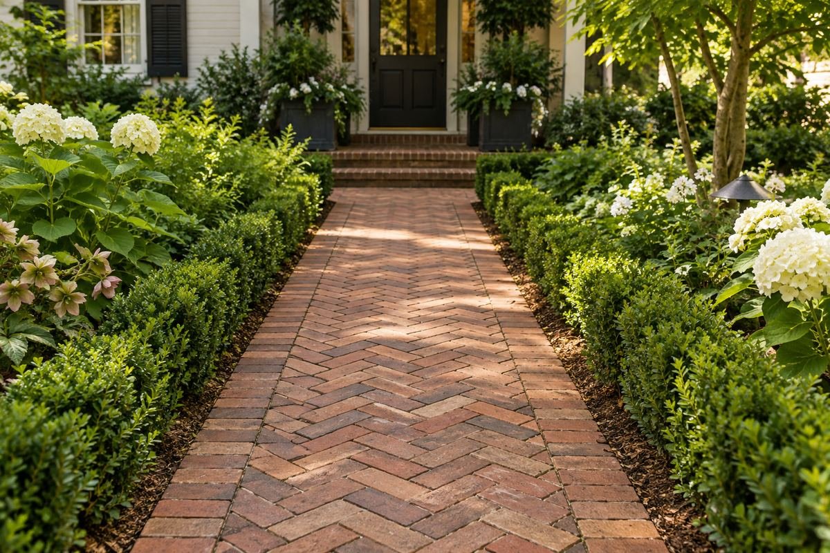 A restrained straight garden path with coherent warm brick herringbone paving and simple low green borders.