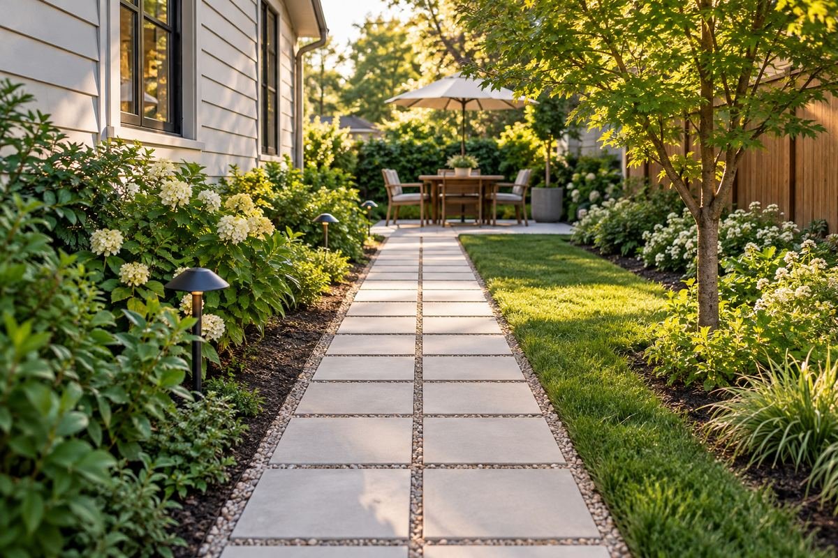 A modest straight garden path made from pale square pavers in a coherent continuous grid, simple planting.
