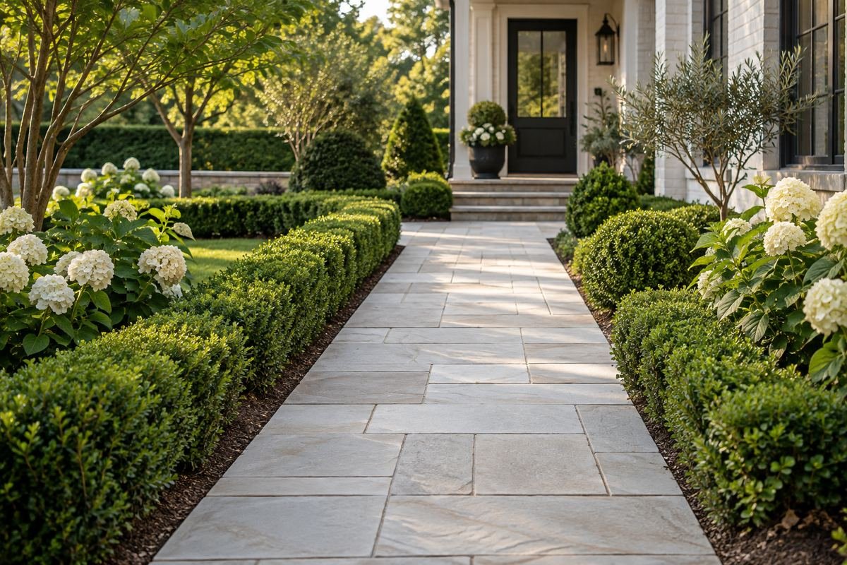 A formal but attainable garden path of pale cut rectangular stone with coherent joints and low green borders.