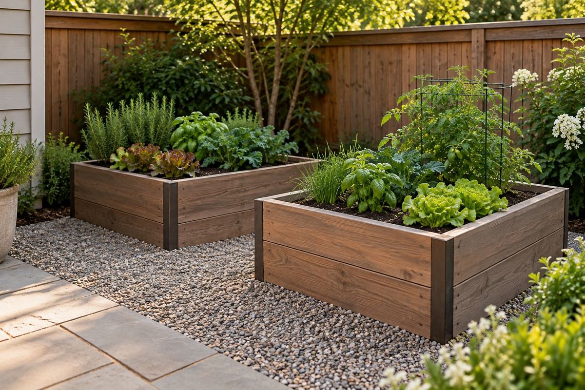 Two compact square raised garden beds with modest edible planting and open access from the visible sides.