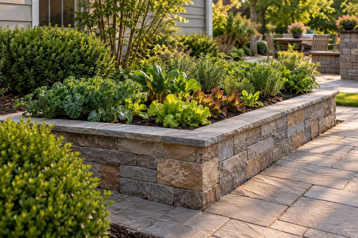 A modest low masonry-style raised garden bed with coherent broad sides, planted greens and a related paved path.