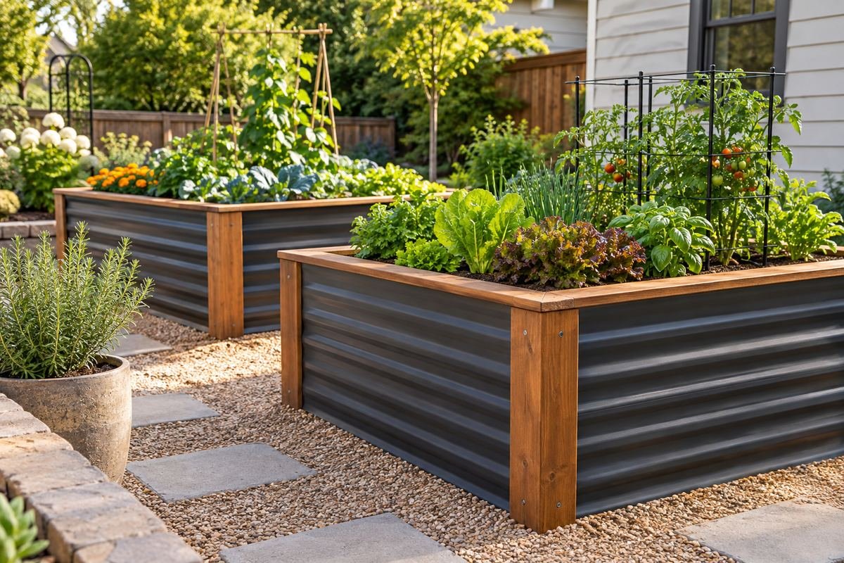 A coherent taller purpose-made raised garden bed with modest proportions, finished edges and restrained green crops.