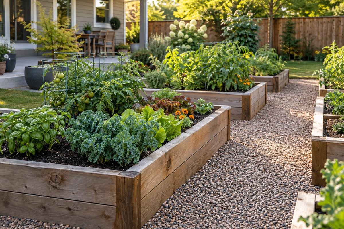 Modest raised garden beds with coherent generous working paths and vegetable foliage kept clear of the passage.
