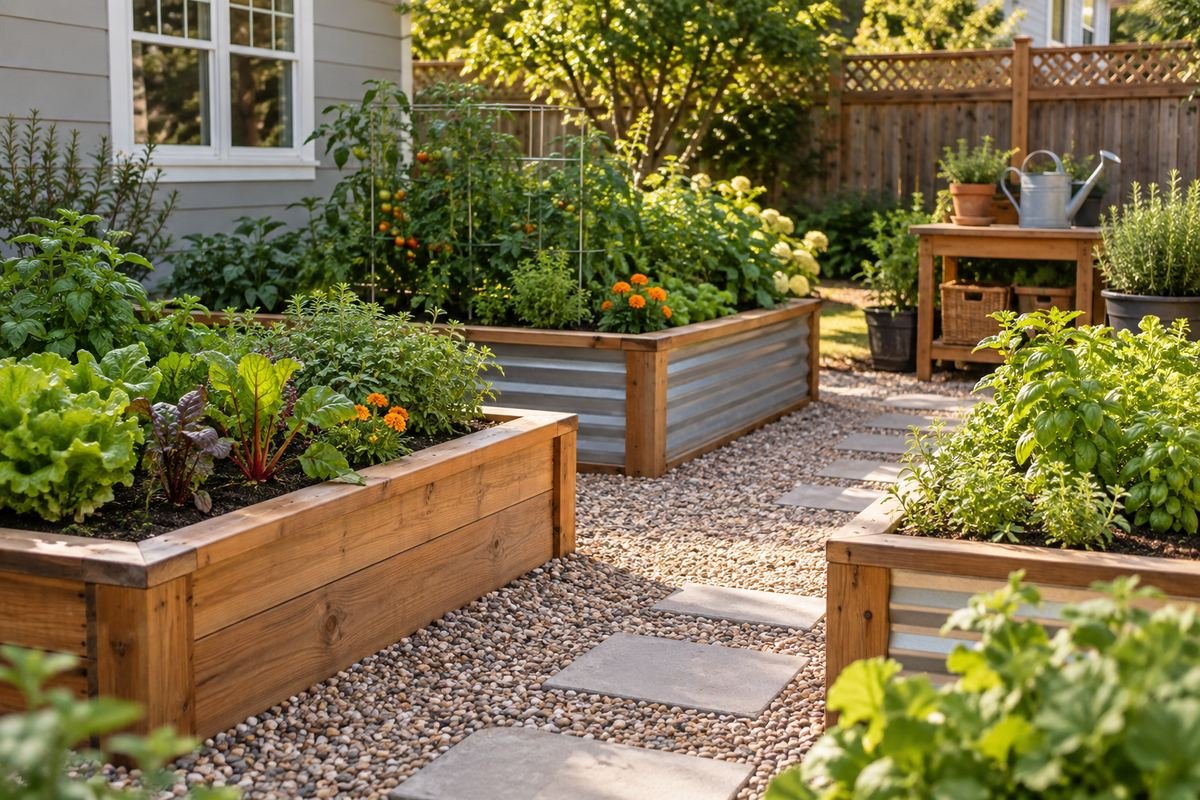 A modest raised-bed garden with a neat accessible watering-can area and coherent clear paths, no exposed improvised plumbing.