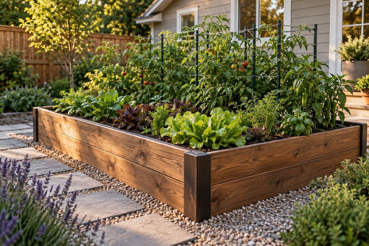 A coherent raised garden bed with modest lower leafy crops in front and restrained taller supported plants behind.
