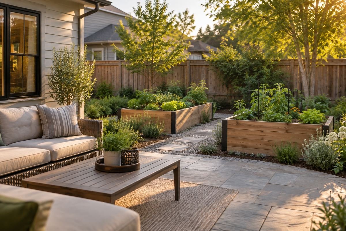 A modest patio looking toward two restrained raised garden beds linked by a coherent path and related neutral materials.