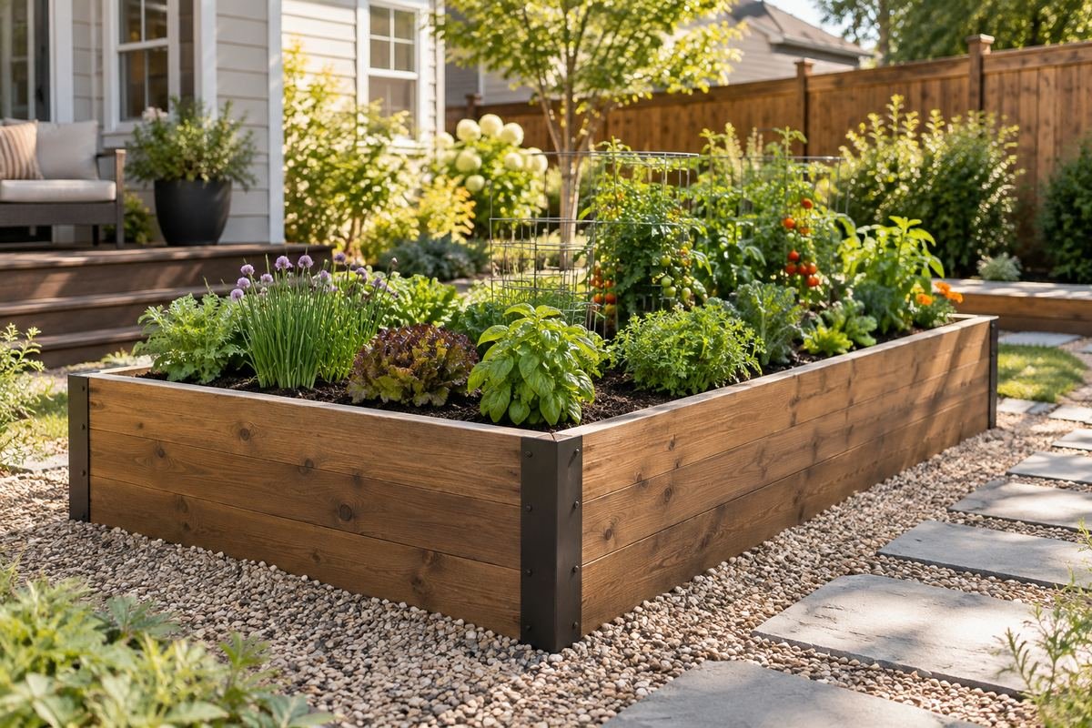 A modest raised garden bed with clearly accessible exterior sides and restrained planting set away from its edges.