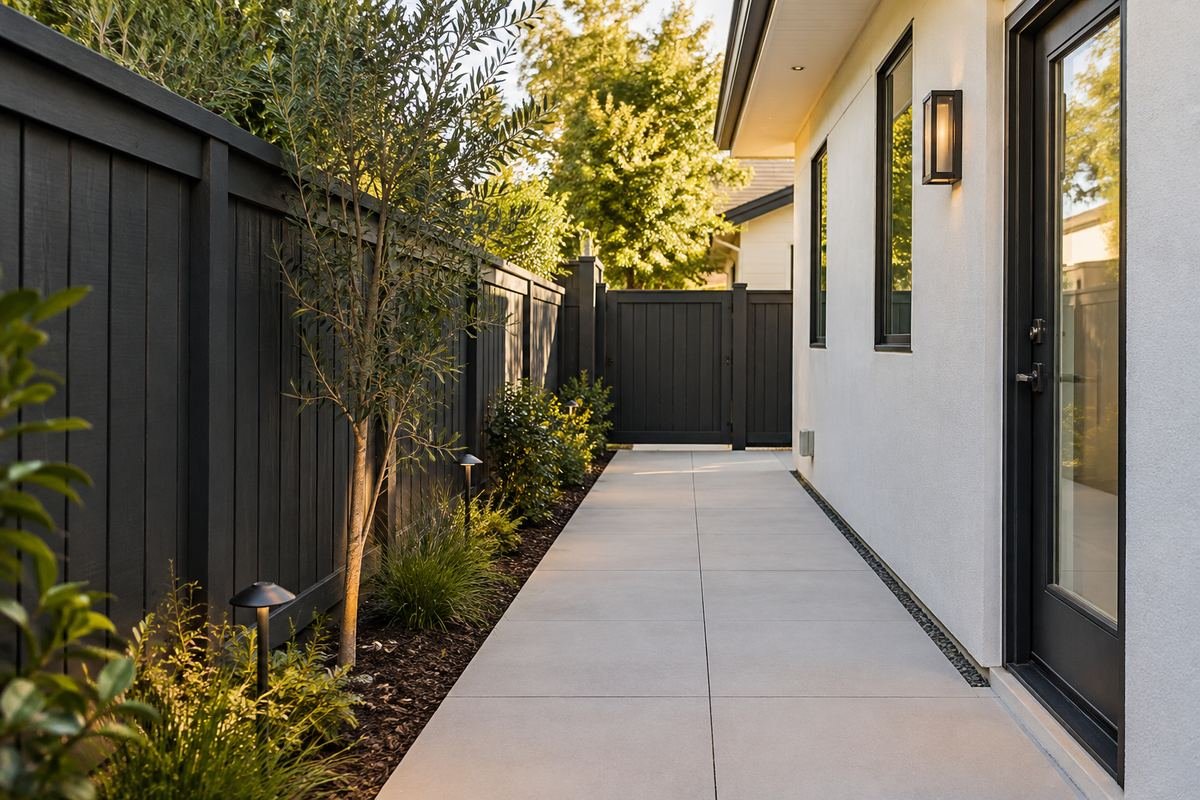 A pale paved side-yard passage beside a dark charcoal fence with restrained greenery and clear access.