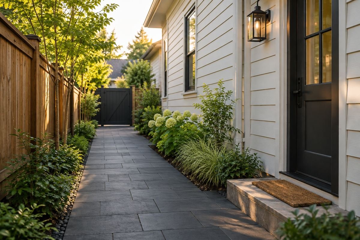 A restrained side yard with a dark paving path and a modest pale-green planted border beside a light house.