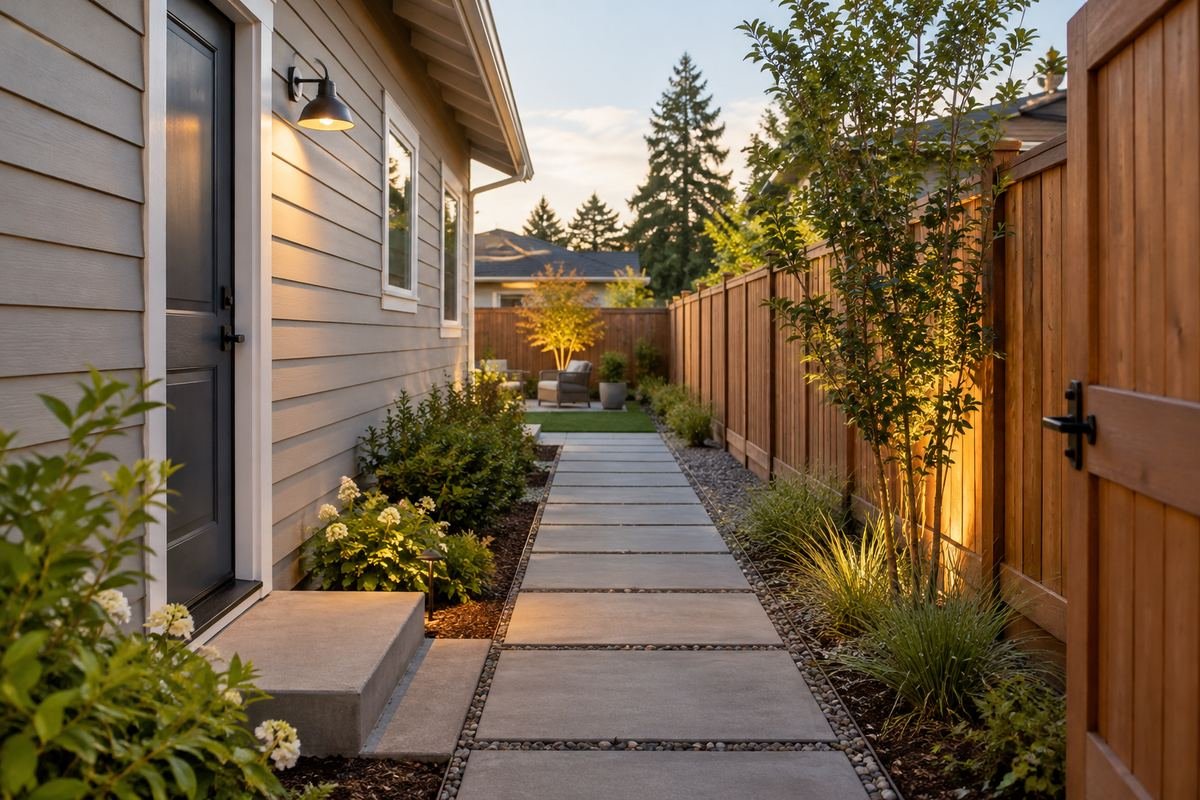 A carefully edited modest side yard with a coherent clear path connecting a timber gate to a restrained backyard garden.