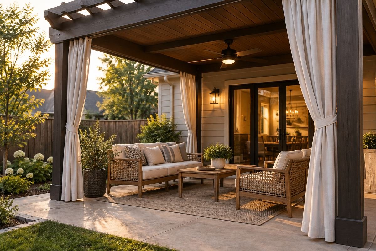A modest covered patio with a coherent existing pergola structure and neat plain outdoor curtains gathered clear of a simple seating area.