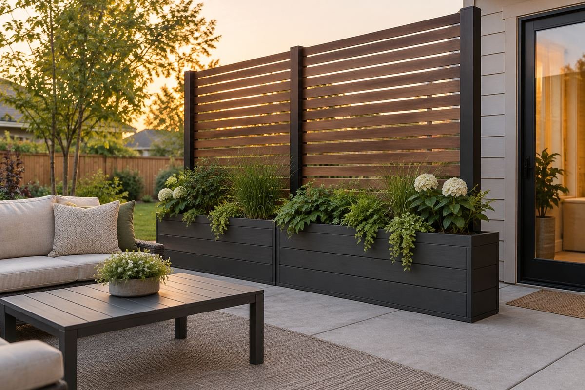 A modest patio with an integrated planter and horizontal timber screen in a dark frame, restrained plants and a clear paved route.