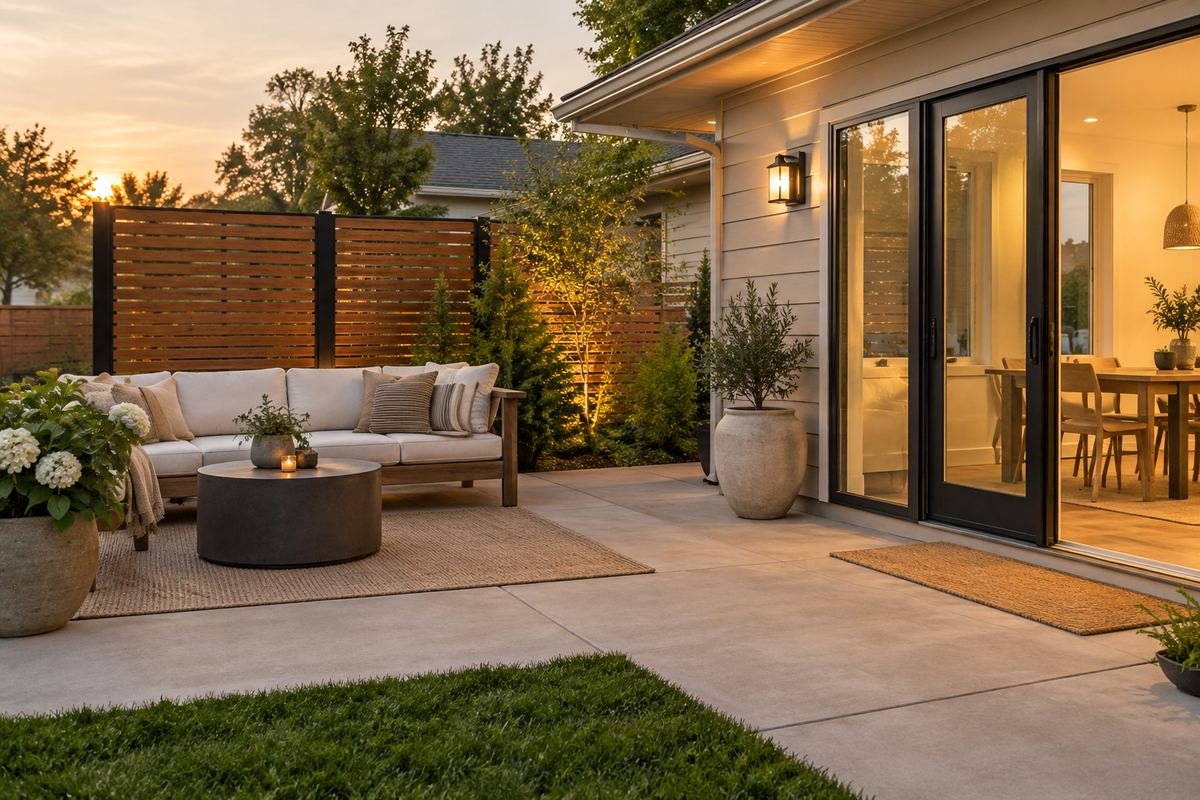 A modest patio with a coherent screen set well to one side of a broad back-door route, neutral seating and clearly unobstructed passage.