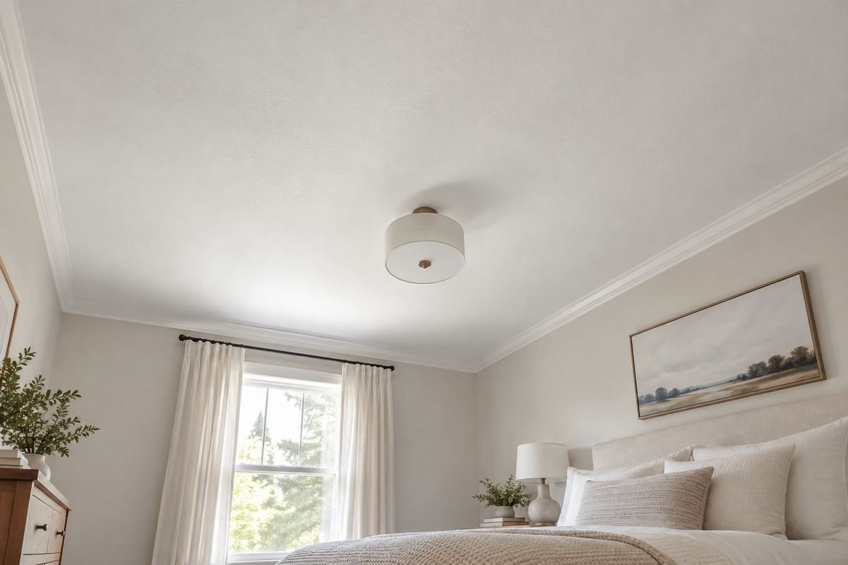 Bedroom ceiling ideas shown as a quiet white ceiling above a modest room with cream bedding and restrained furniture.