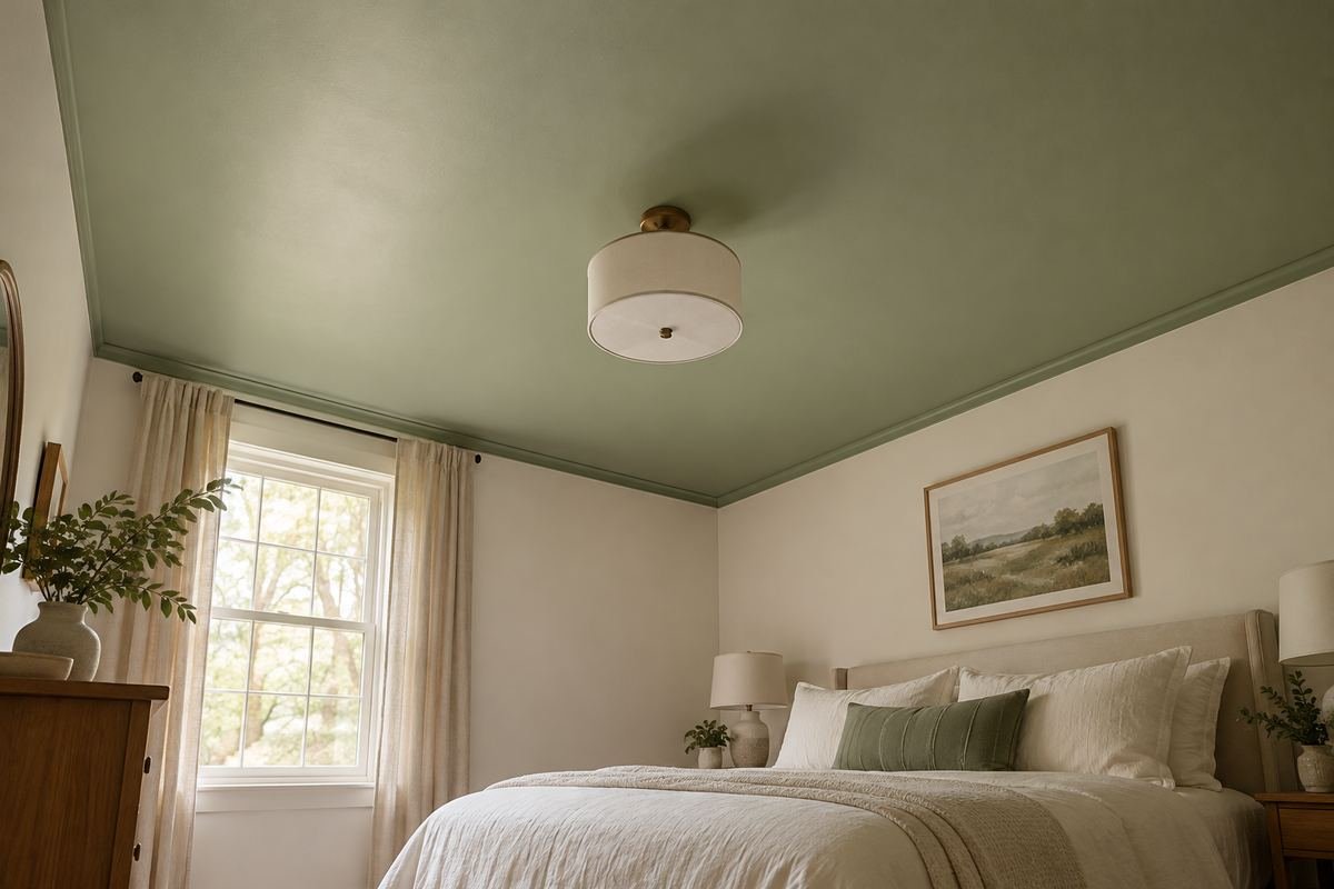 A modest bedroom with a clearly visible soft sage-green ceiling, pale walls, plain cream bedding and one restrained green cushion.