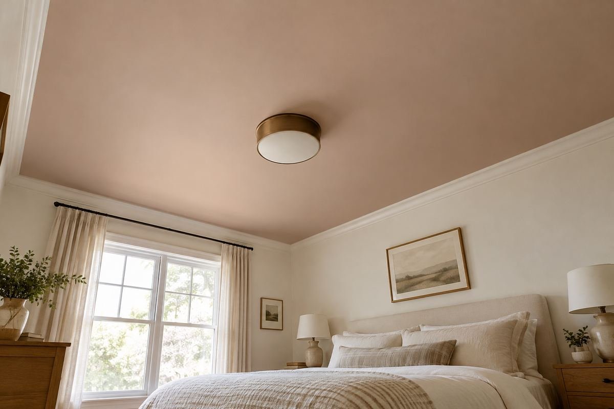 A modest bedroom with a clearly visible pale clay-colored ceiling, cream bedding and restrained natural wood furniture.
