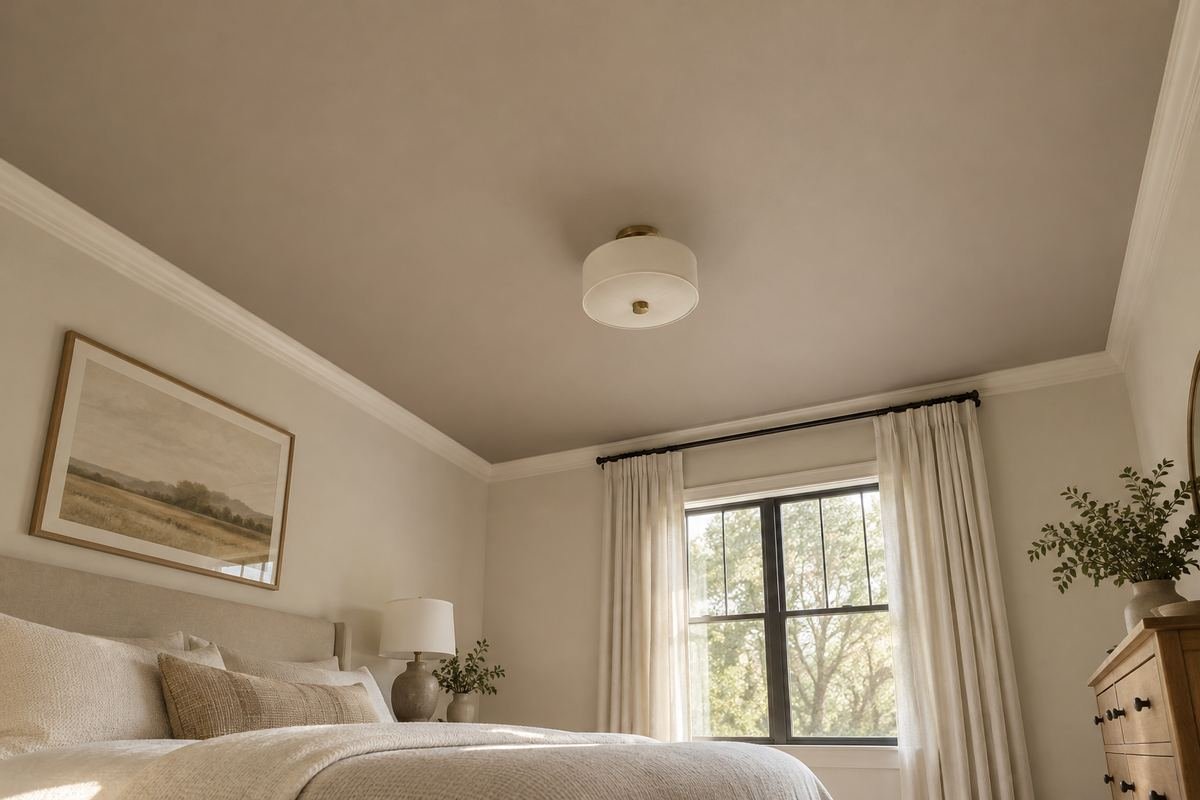 A modest bedroom with a clearly visible soft mushroom-taupe ceiling, light warm walls and restrained ivory textiles.