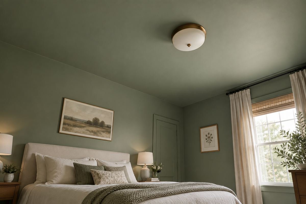 A modest bedroom with muted dusty sage walls and a clearly visible matching-colored ceiling, simple pale bed and restrained furniture.