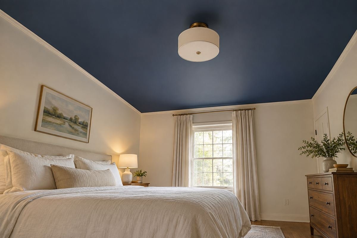 A modest bedroom with a clearly visible deep muted navy ceiling, pale warm walls and plain ivory bedding.