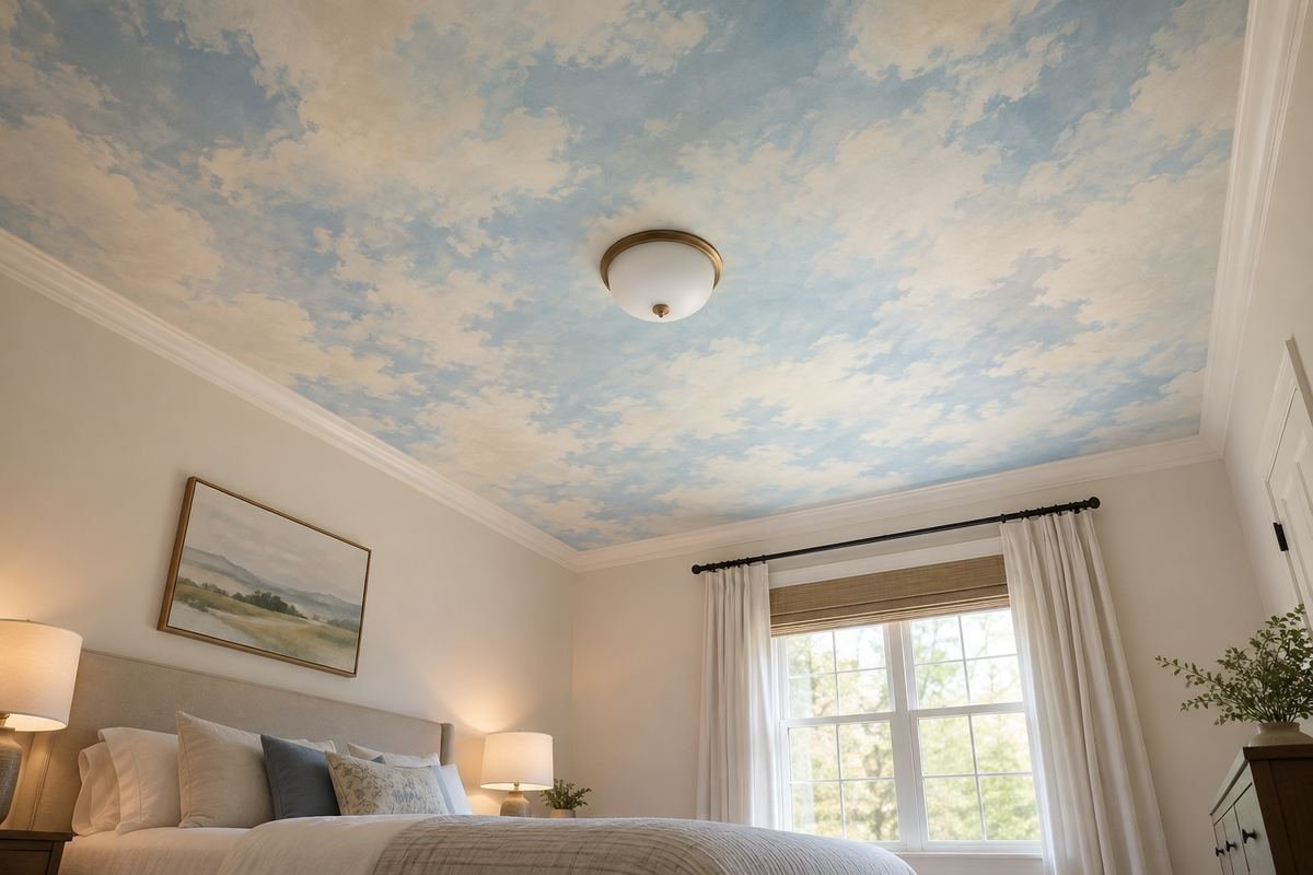 A modest bedroom with a clearly visible softly painted abstract cloud-like pale blue and cream ceiling, no literal objects, plain walls and restrained bedding.