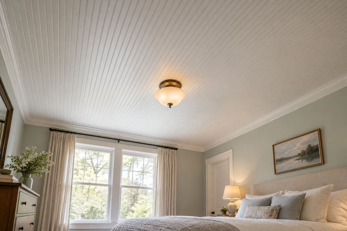 A modest bedroom with a clearly visible coherent white beadboard-like ceiling, restrained traditional trim and plain light bedding.