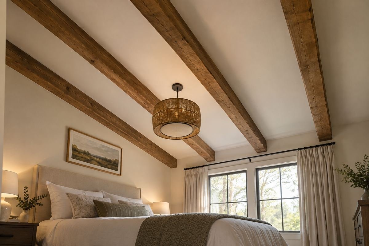 A modest bedroom with clearly visible coherent existing timber ceiling beams and pale plain infill surfaces, restrained neutral furnishings.