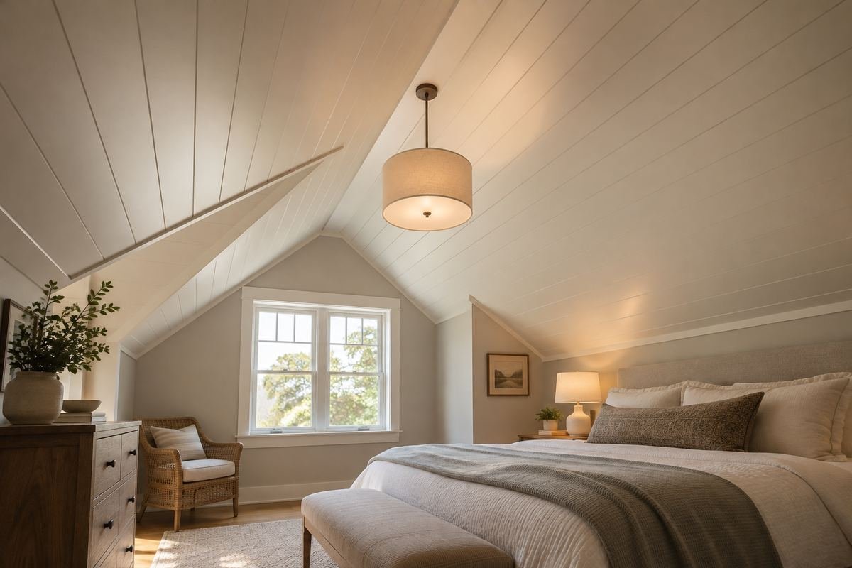 A modest attic-style bedroom with a clearly visible coherent pale sloped ceiling, realistic headroom and a simple neutral bed.
