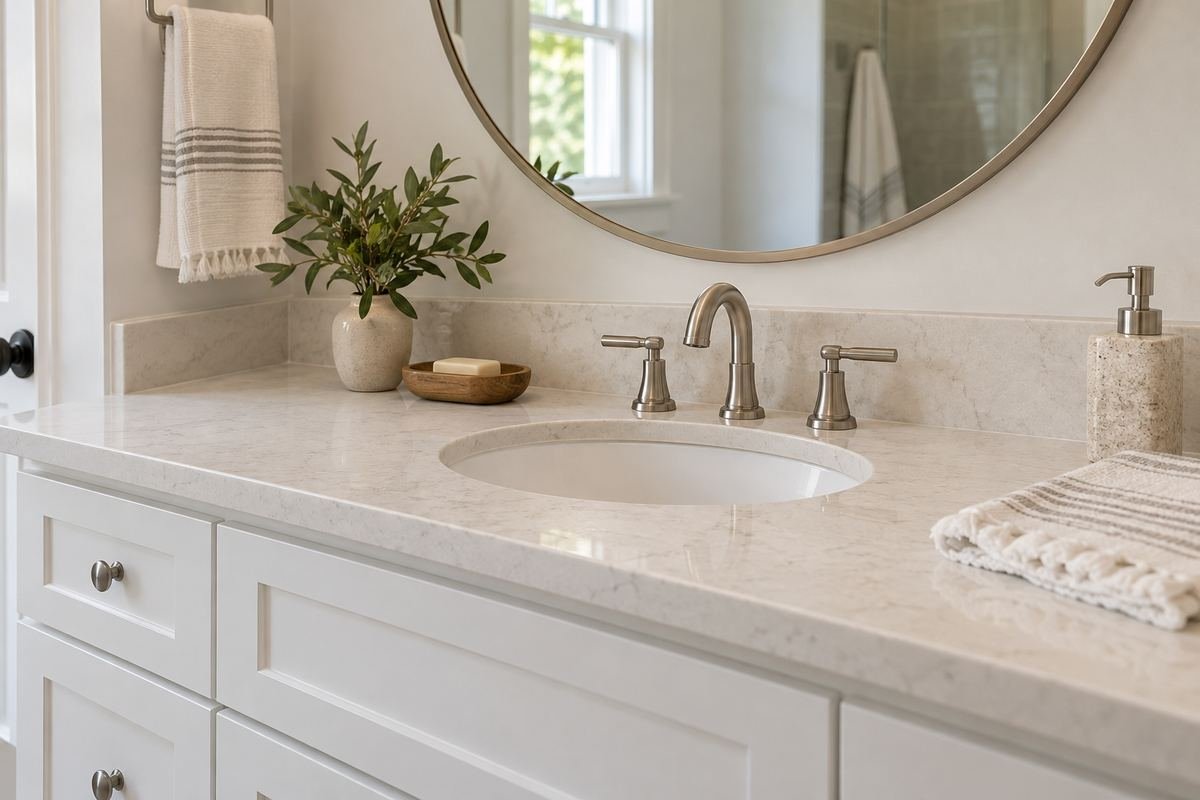 Pale countertop with a matching modest backsplash upstand