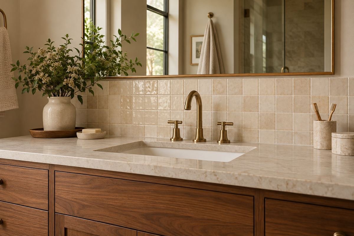 Cream square backsplash tiles with subtle glaze variation