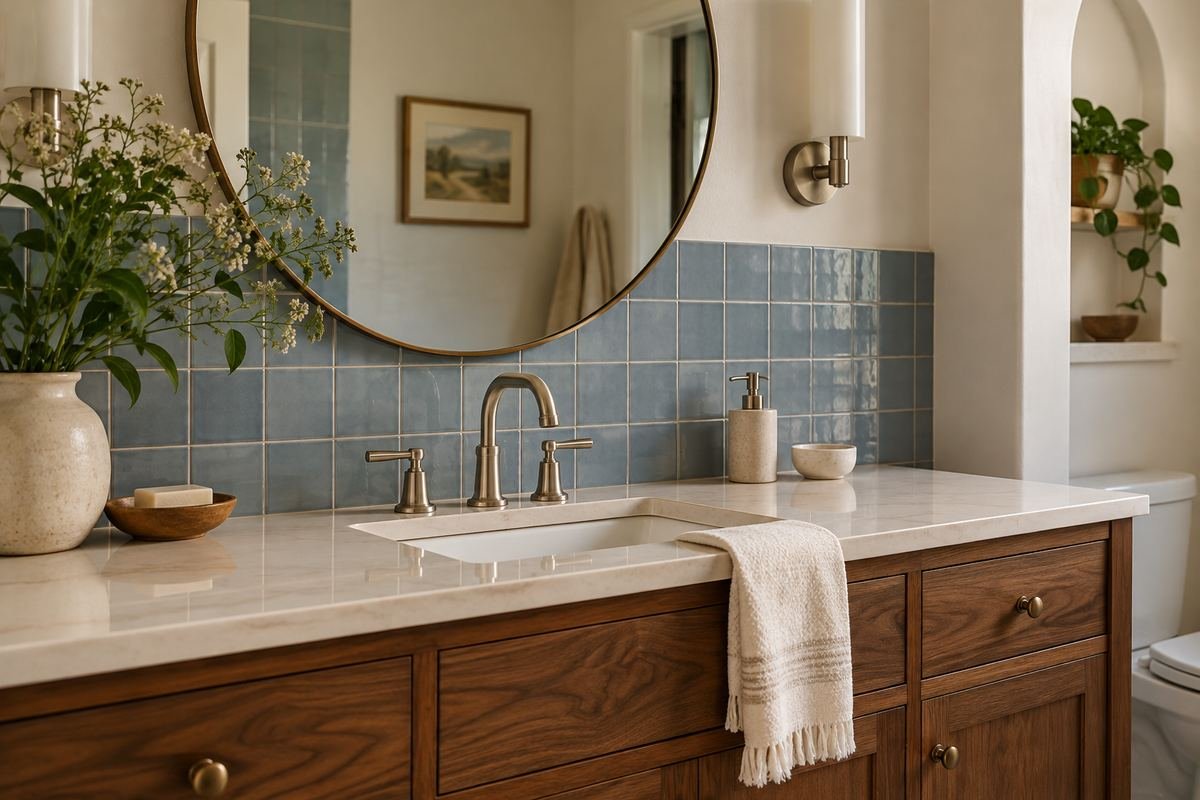 Dusty-blue backsplash paired with a warm walnut vanity