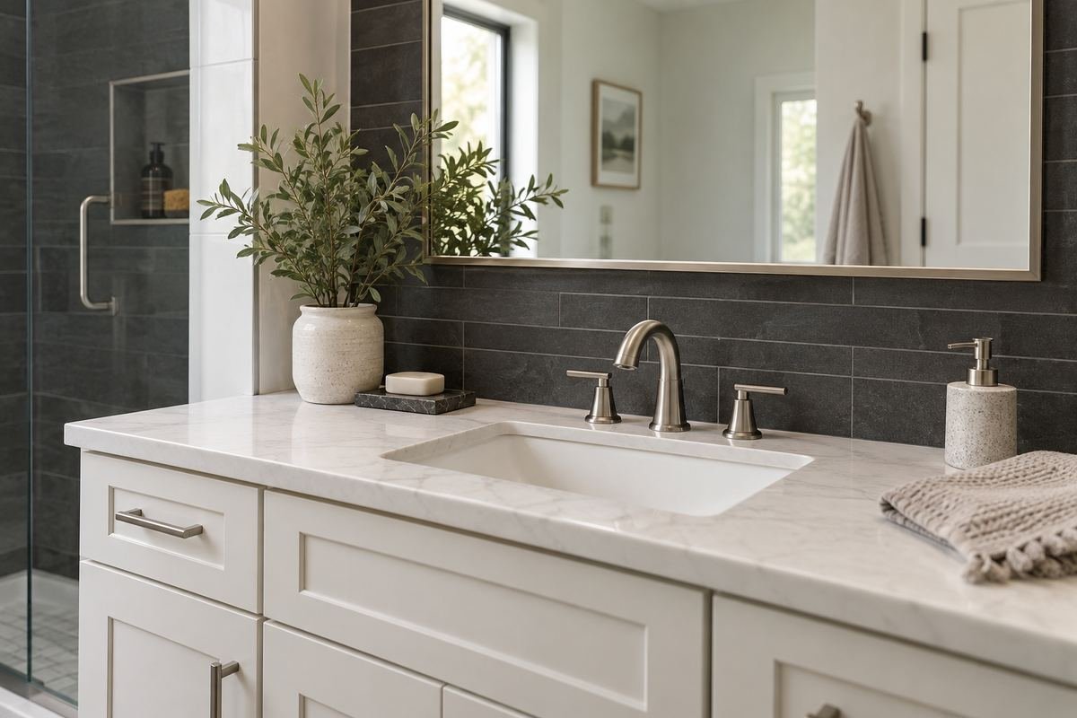 Charcoal backsplash grounding a pale bathroom vanity