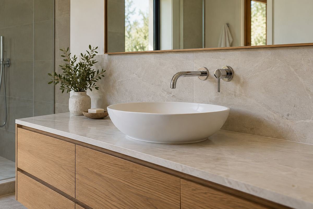Plain backsplash behind a coordinated wall-mounted faucet