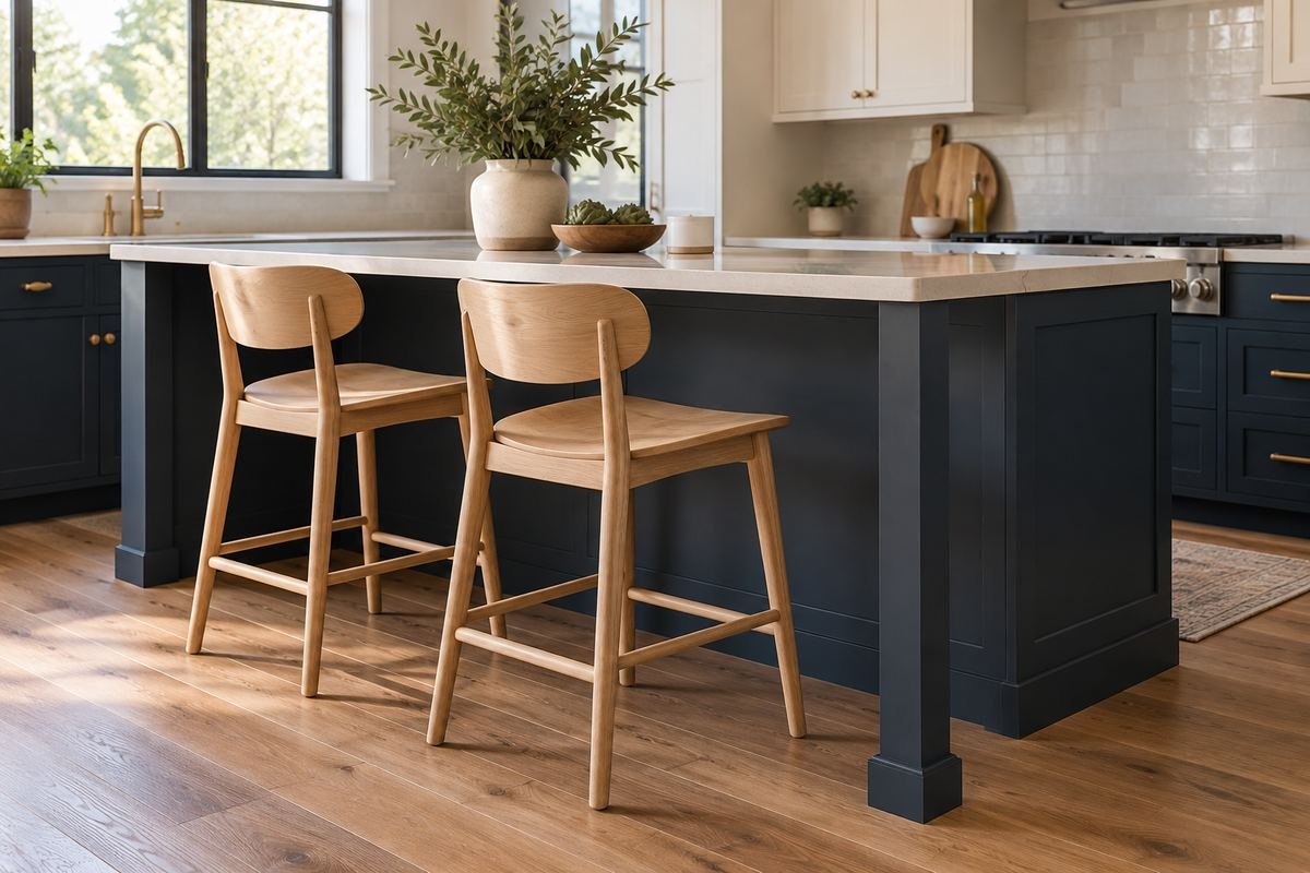 Pale timber stools contrasting with a navy island