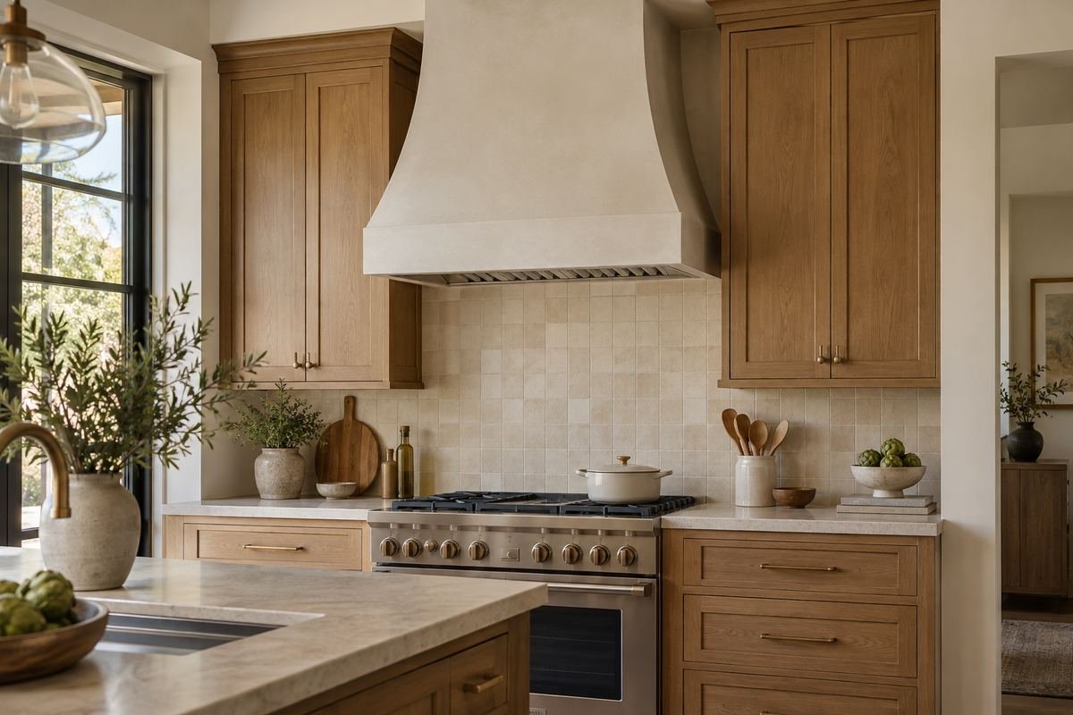 Off-white hood providing a pause between oak cabinets
