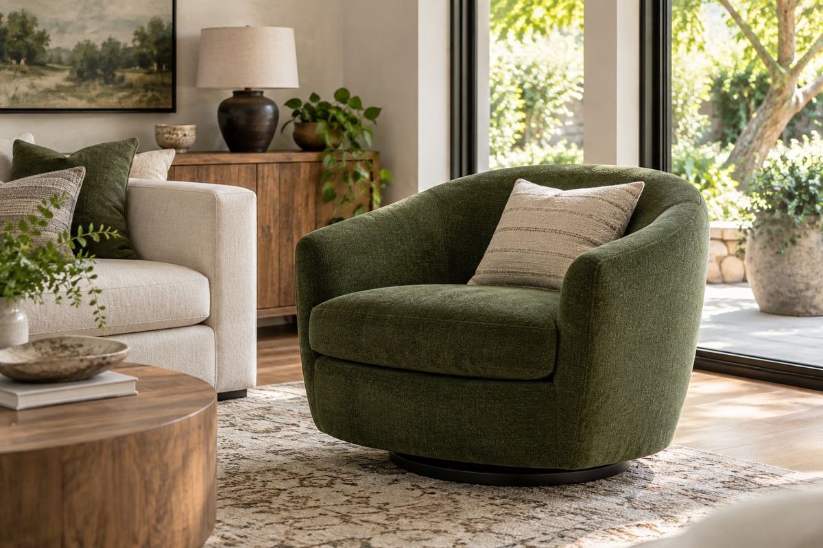 Green swivel chair connecting sofa and garden views