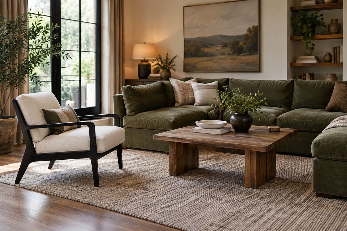 Single light-frame chair at the open end of a sectional