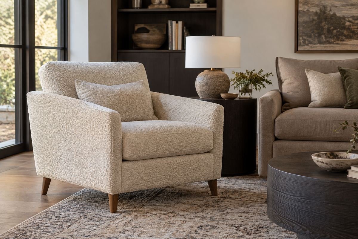 Textured cream chair contrasting with smooth taupe upholstery