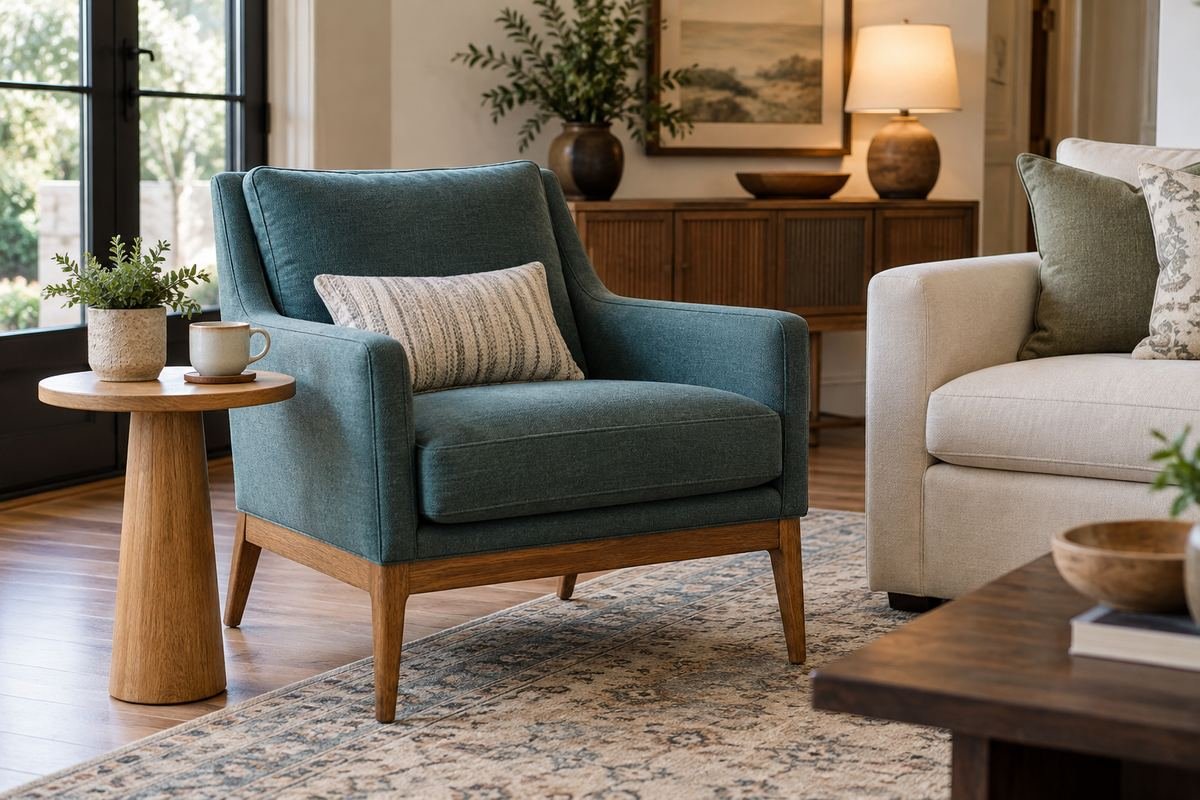 Useful side table beside a teal accent chair