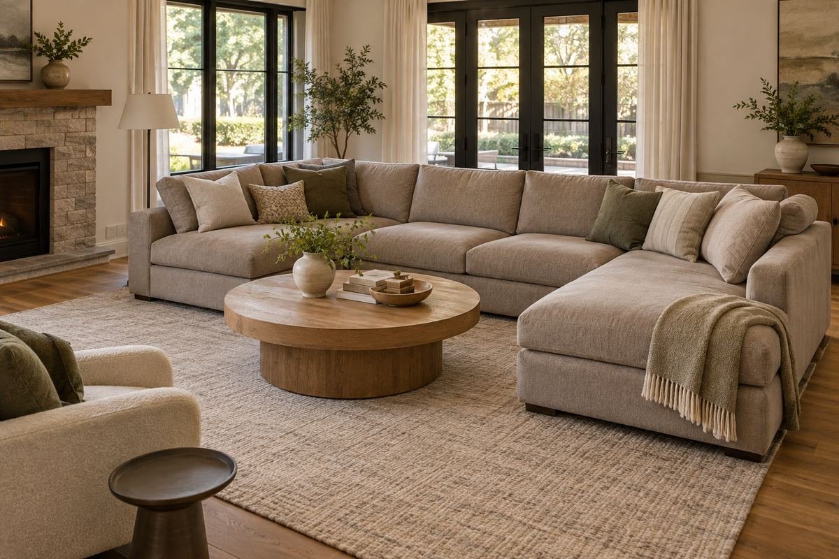 Round table within an L-shaped sectional opening