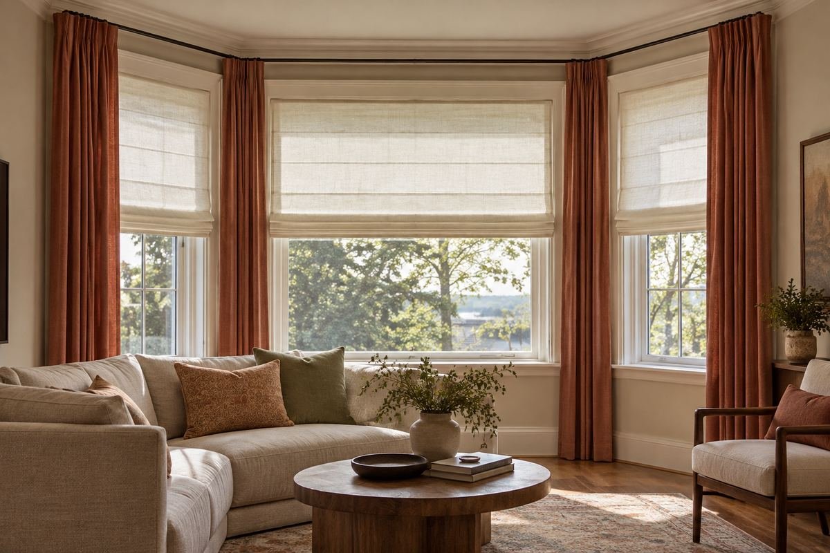 Stationary terracotta panels paired with independent bay shades